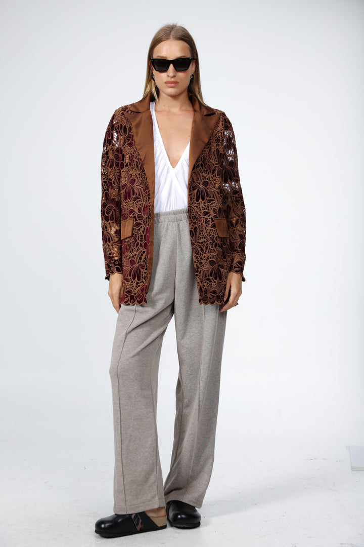 ג'קט בלייזר קטיפה בצבע חום / יין Brown Floral Lace & Velvet Blazer 