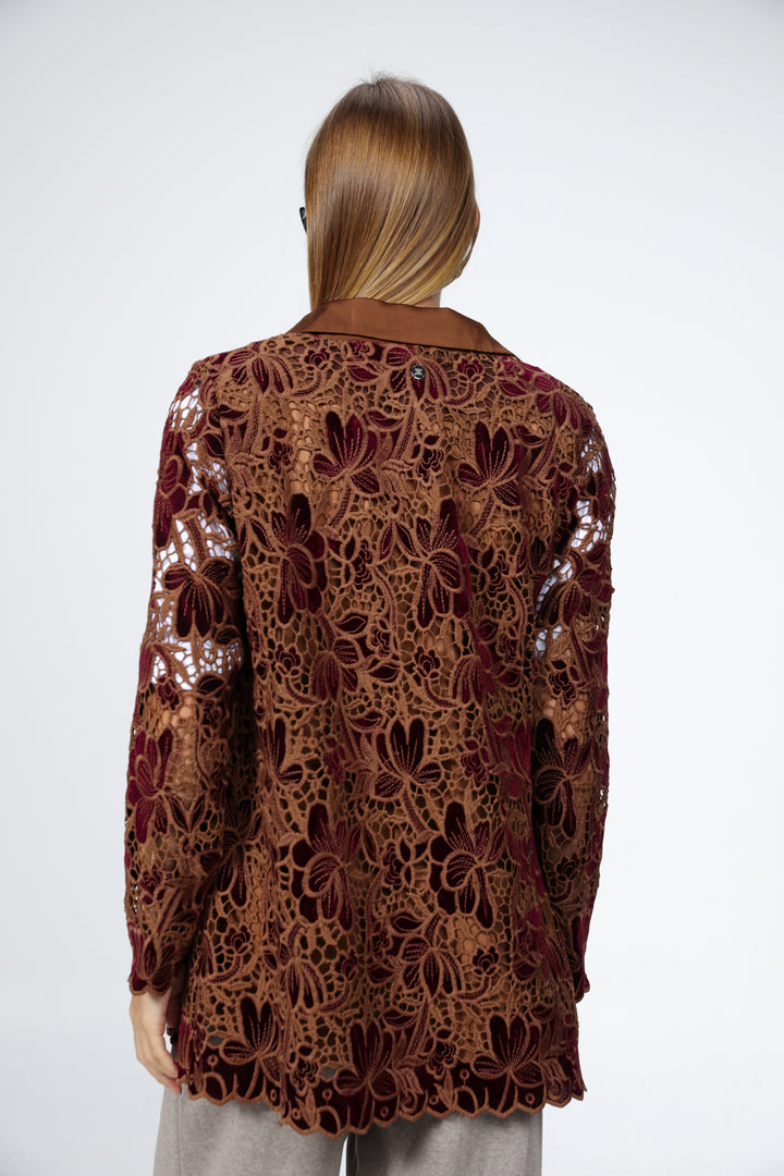 ז'קט בלייזר חום פרחוני לאישה Brown Floral Lace & Velvet Blazer 