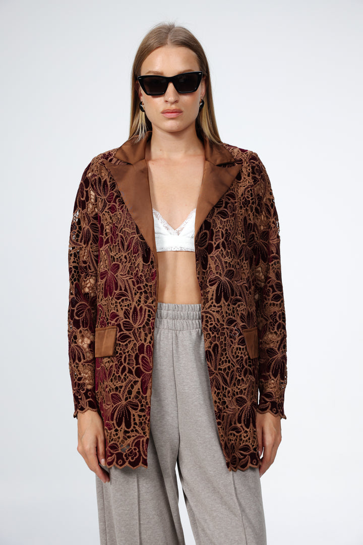 ג'קט בלייזר חום לנשים Brown Floral Lace & Velvet Blazer 