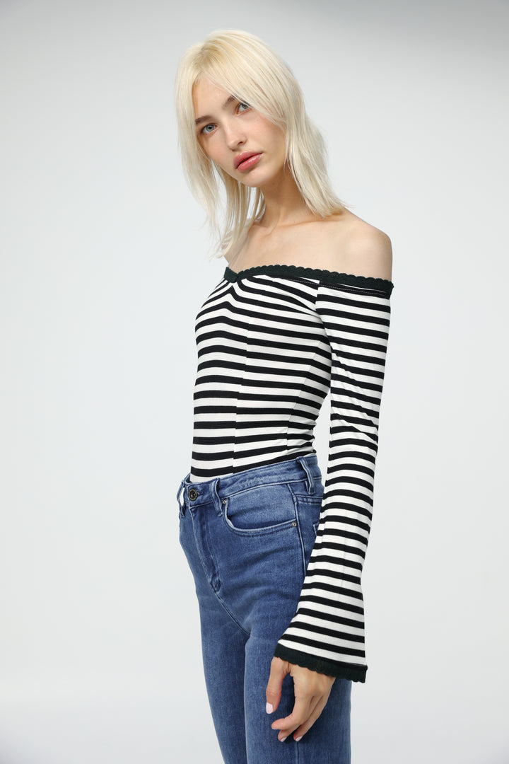 Spot Striped Off Shoulder Bodysuit