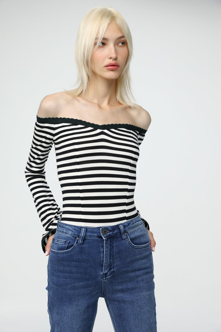 Spot Striped Off Shoulder Bodysuit