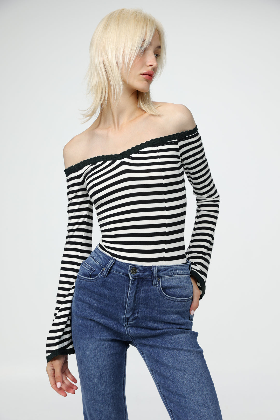 Spot Striped Off Shoulder Bodysuit