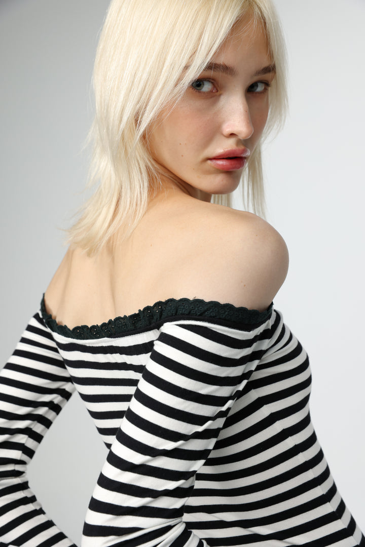 Spot Striped Off Shoulder Bodysuit