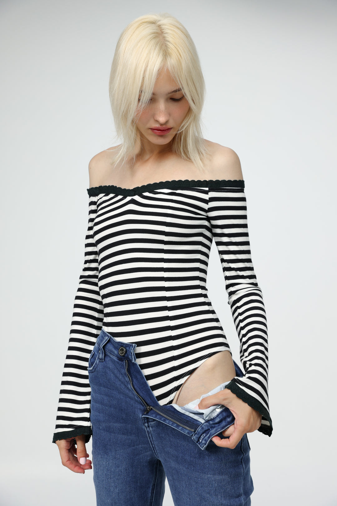 Spot Striped Off Shoulder Bodysuit