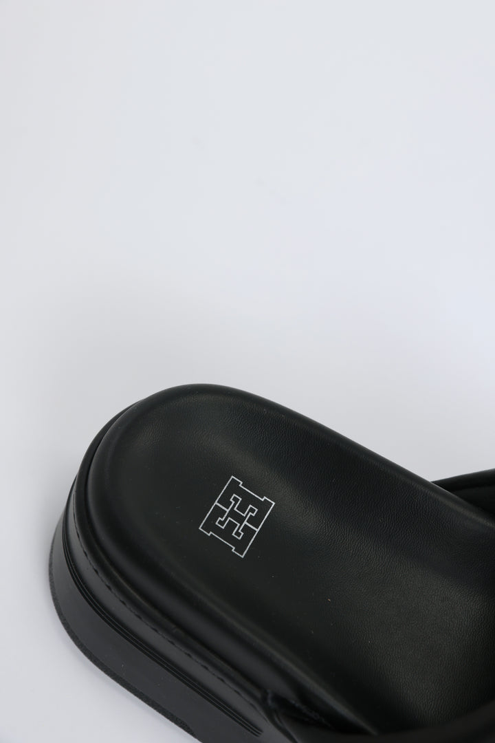 Chunky Black Leather Slides