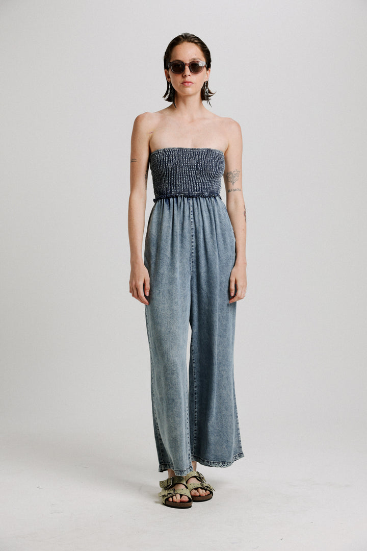 Wide Leg Denim Blue Jumpsuit