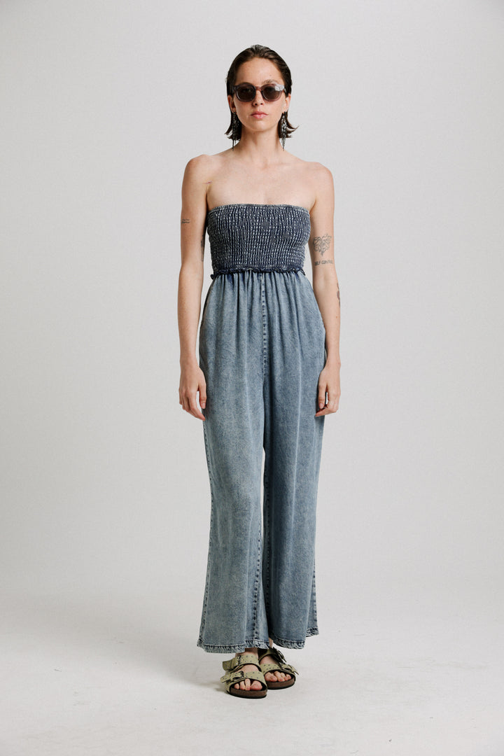 Wide Leg Denim Blue Strapless Jumpsuit