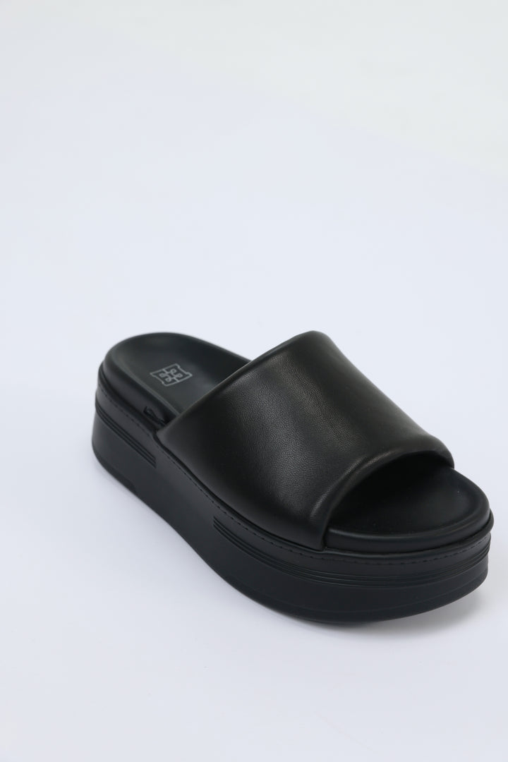 Chunky Black Leather Slides