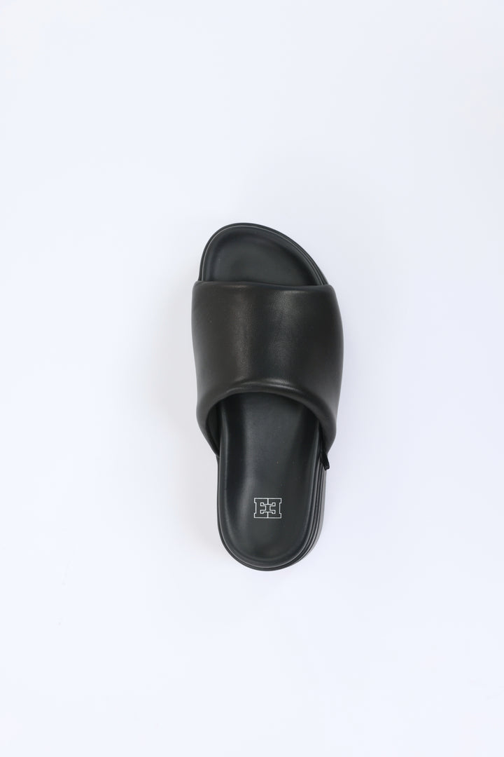 Chunky Black Leather Slides