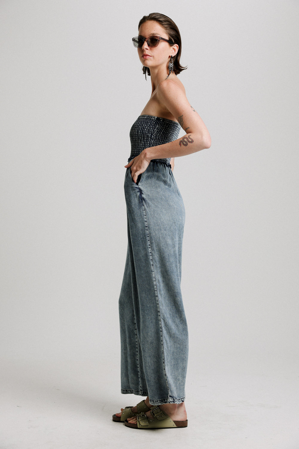 Wide Leg Denim Blue Jumpsuit