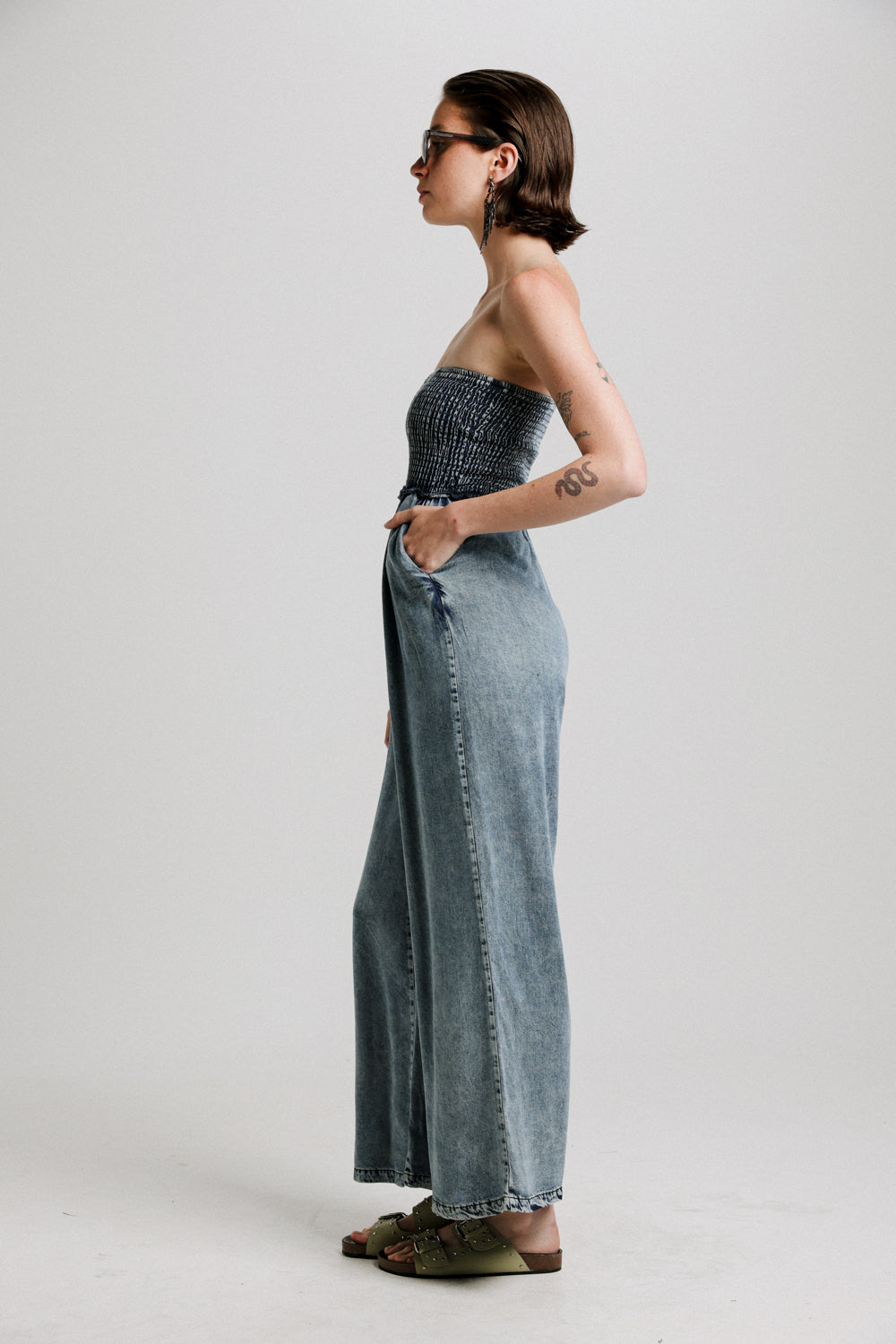 Wide Leg Denim Blue Strapless Jumpsuit