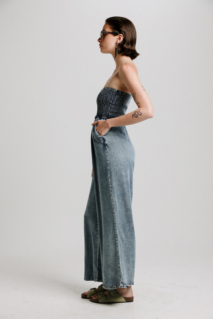 Wide Leg Denim Blue Strapless Jumpsuit