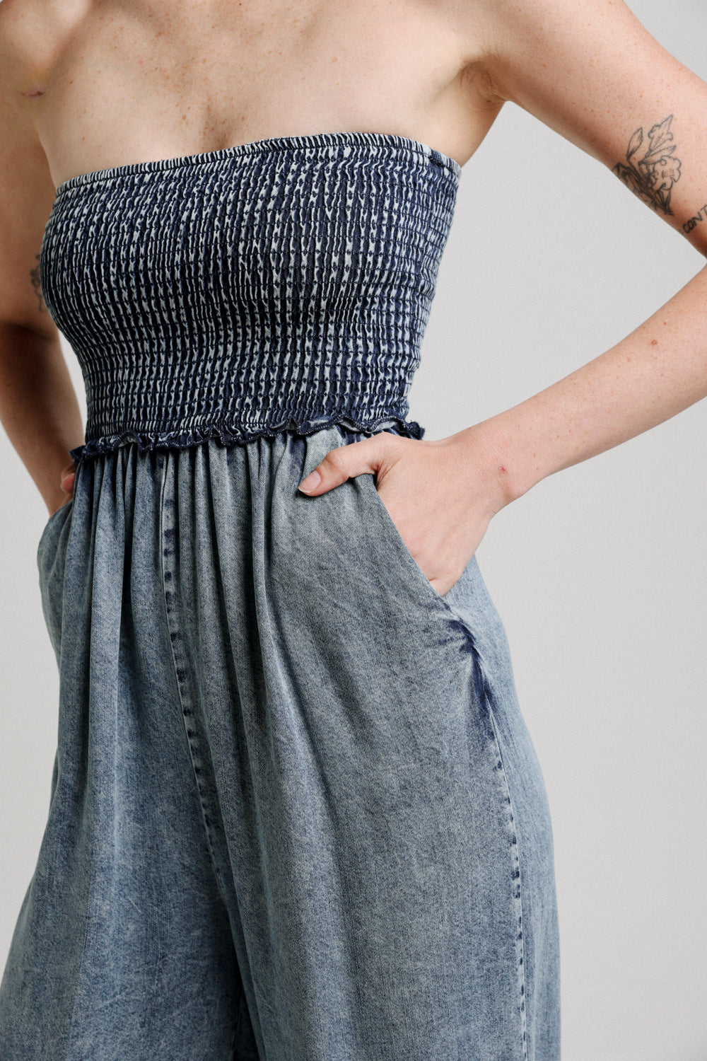 Wide Leg Denim Blue Jumpsuit