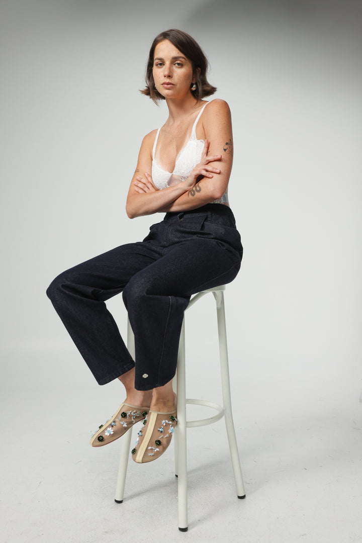 Mesh Cream Beaded Mules