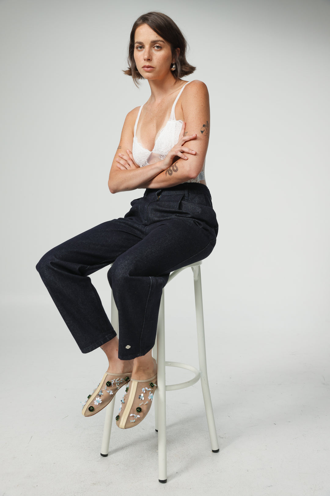 Mesh Cream Beaded Mules