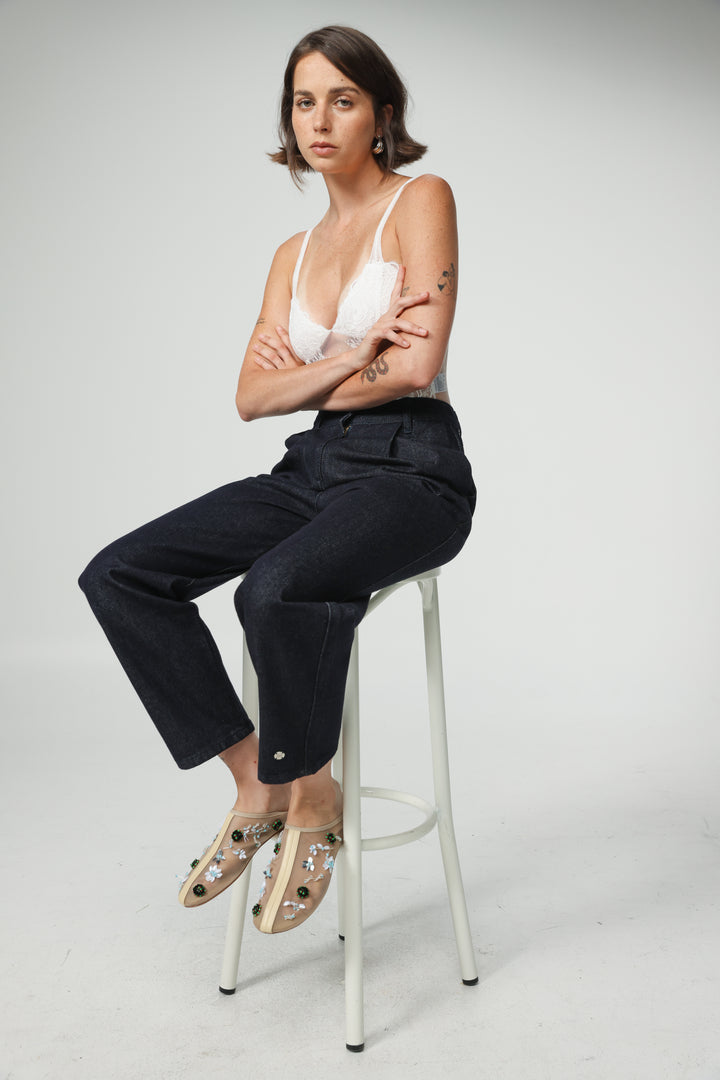 Mesh Cream Beaded Mules