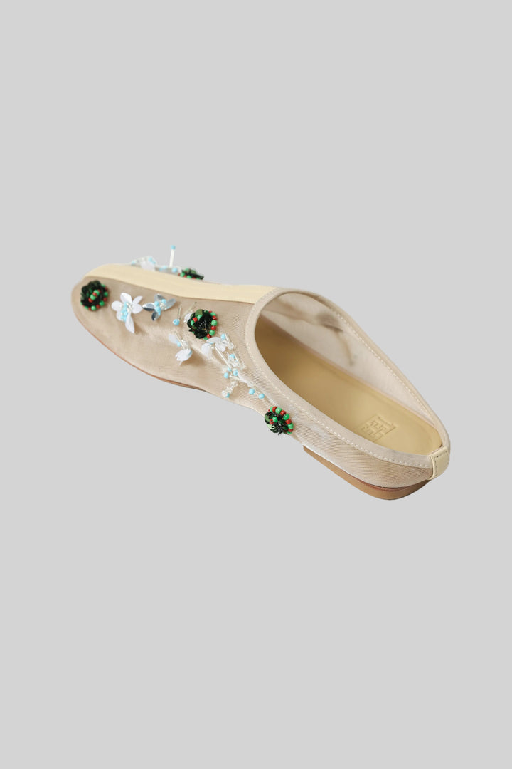 Mesh Cream Beaded Mules