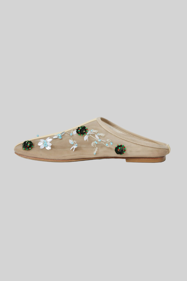 Mesh Cream Beaded Mules