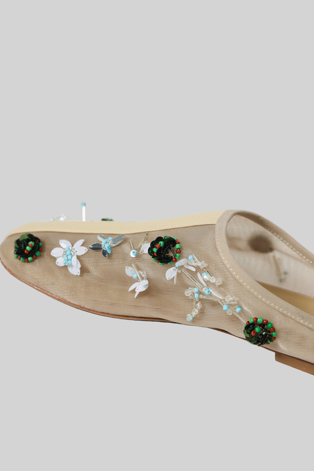 Mesh Cream Beaded Mules