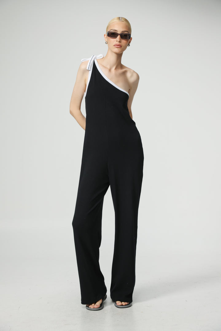 אוברול שחור כותנה כתף אחת Tie Black&White One Shoulder Jumpsuit