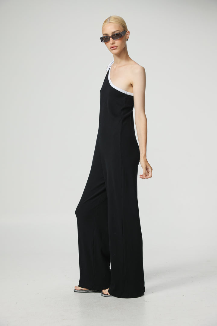אוברול וואן שולדר גזרה רחבה Tie Black&White One Shoulder Jumpsuit