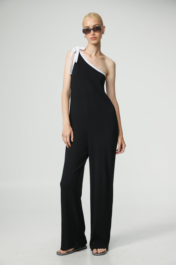 Tie Black&White One Shoulder Jumpsuit אוברול וואן שולדר