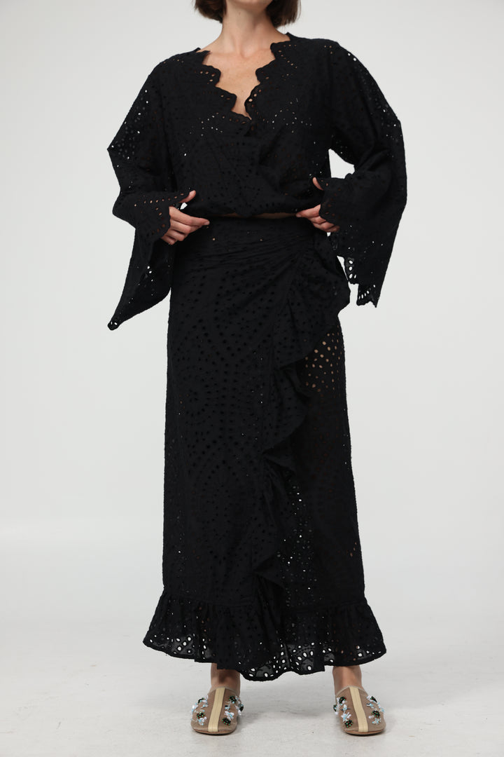 Eyelet Black Wrap Skirt