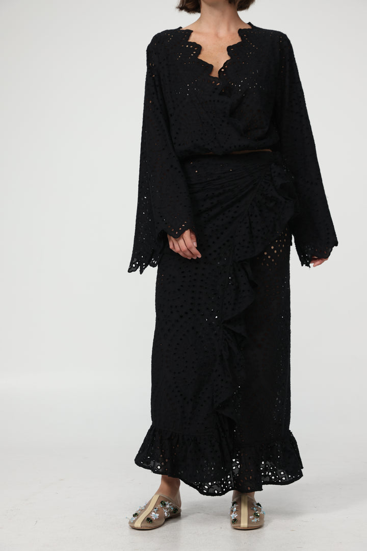 Eyelet Black Wrap Skirt