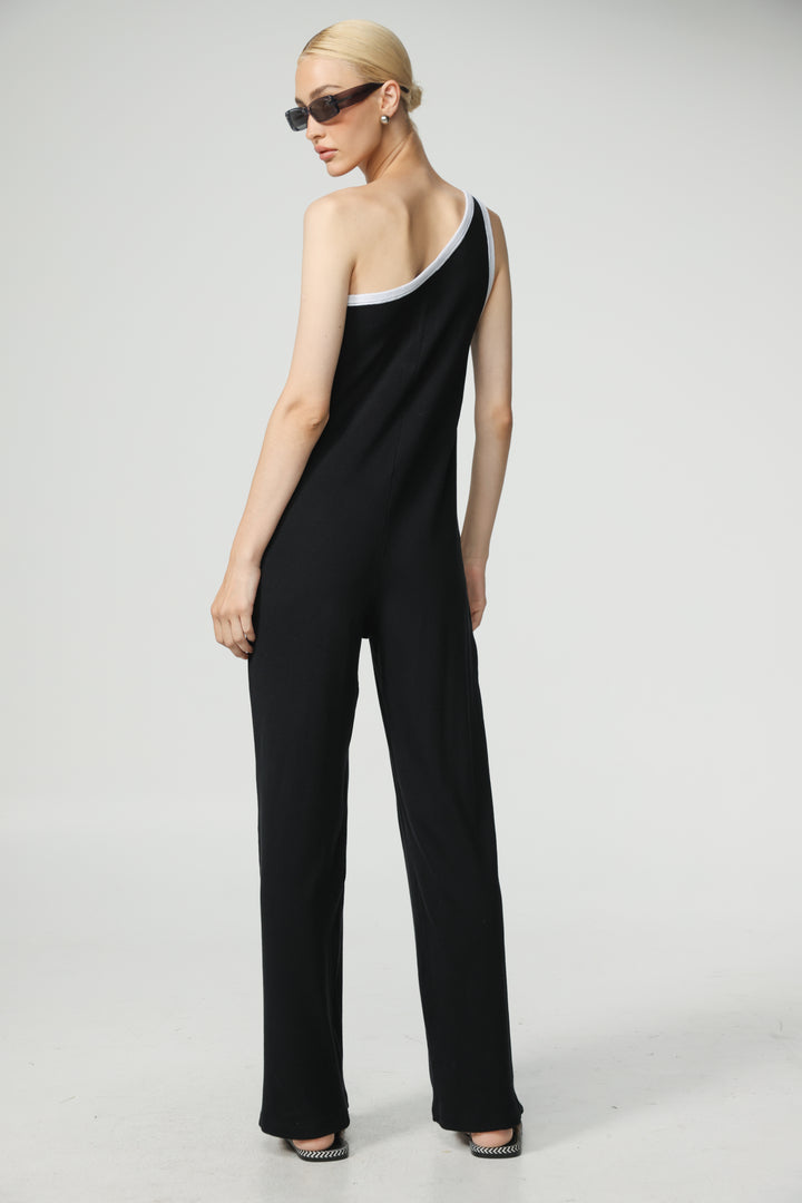 אוברול שחור לבן כתף אחת גב Tie Black&White One Shoulder Jumpsuit