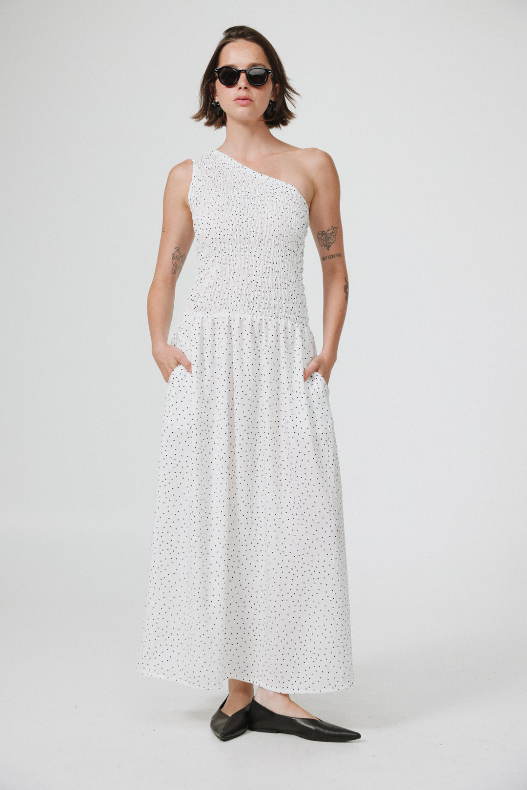 Wonder White Dots One Shoulder Dress