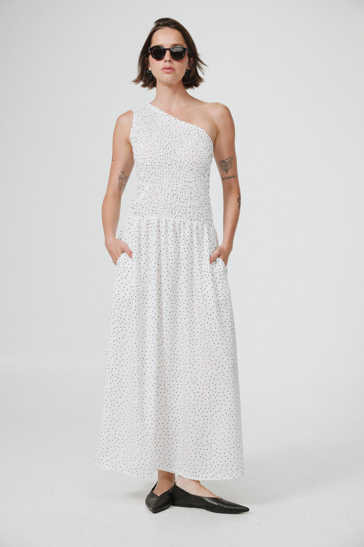 Wonder White Dots One Shoulder Dress