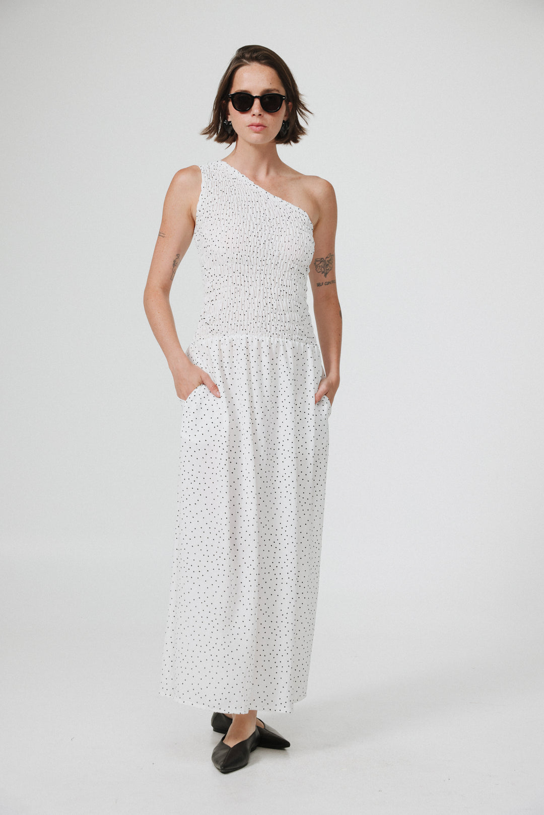 Wonder White Dots One Shoulder Dress