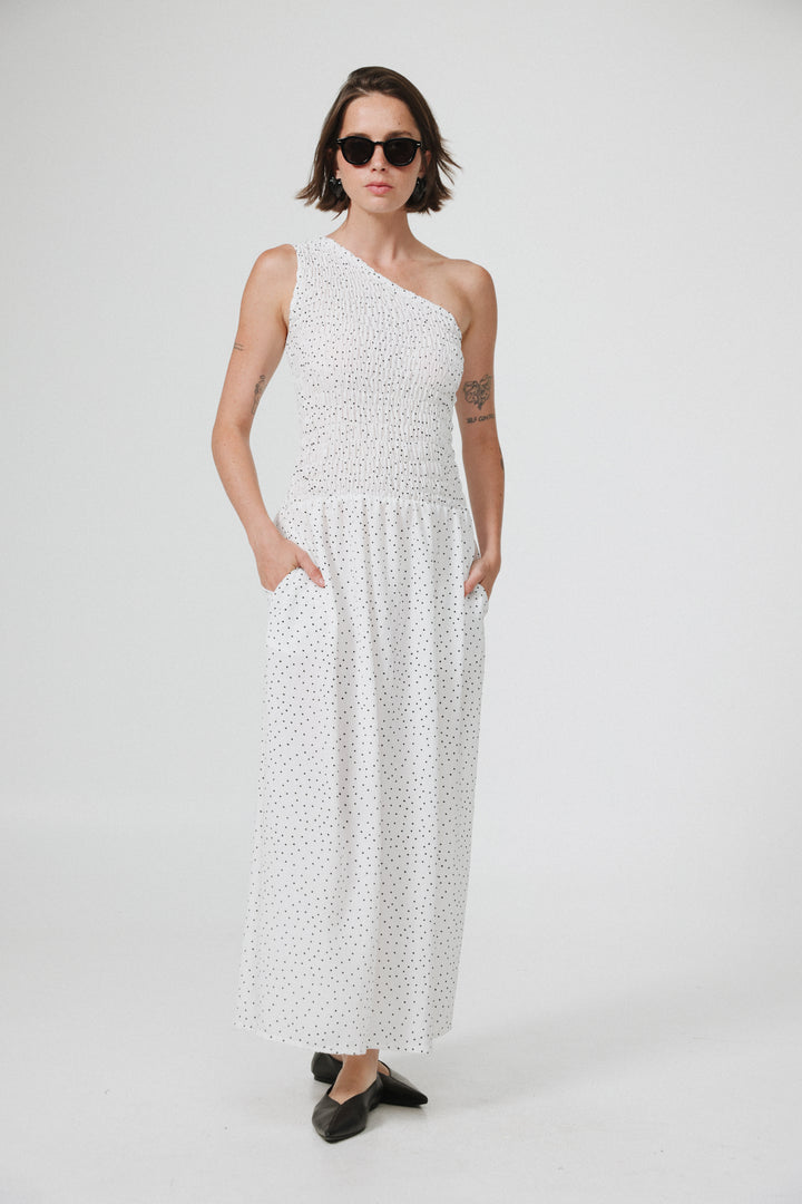 Wonder White Dots One Shoulder Dress