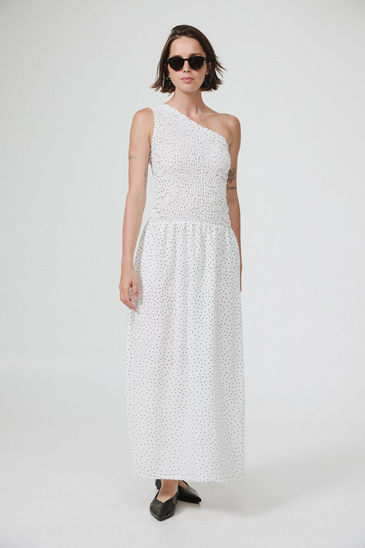 Wonder White Dots One Shoulder Dress