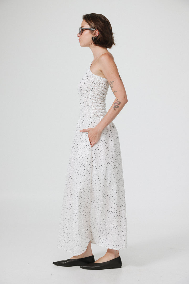 Wonder White Dots One Shoulder Dress