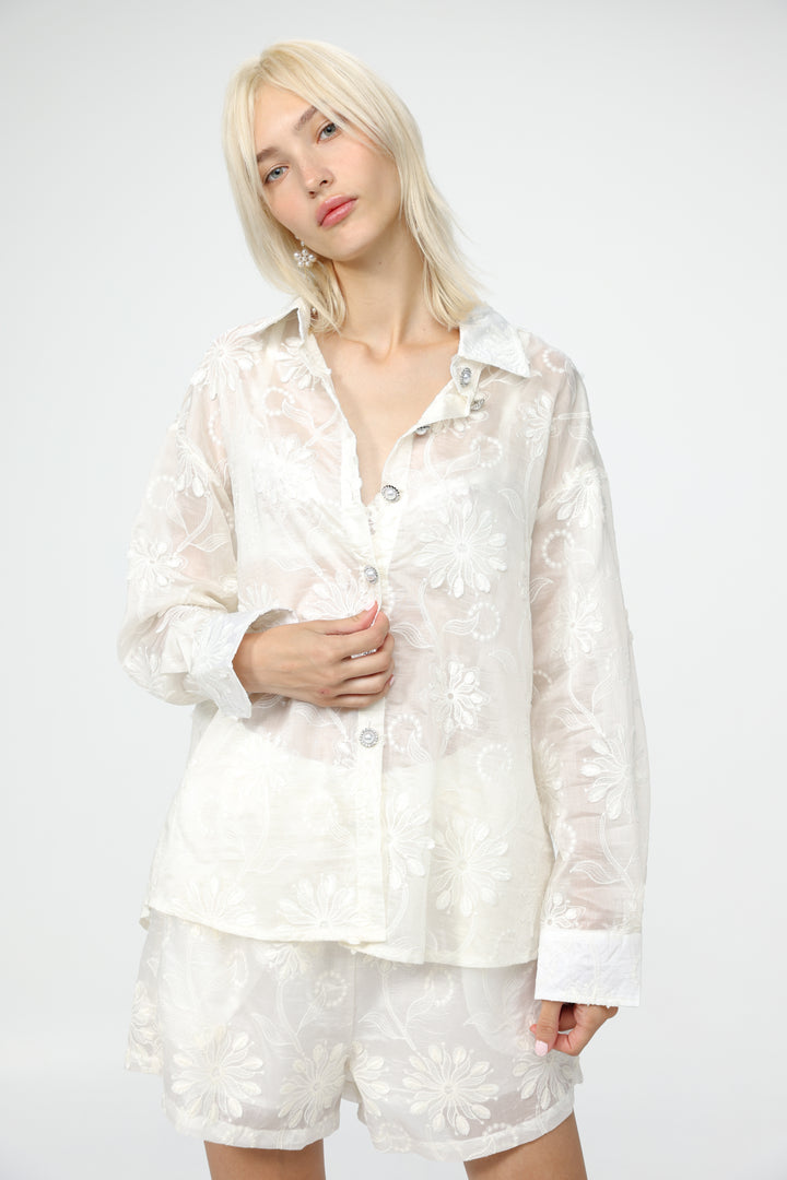 Cream Floral Embroidered Buttoned Shirt