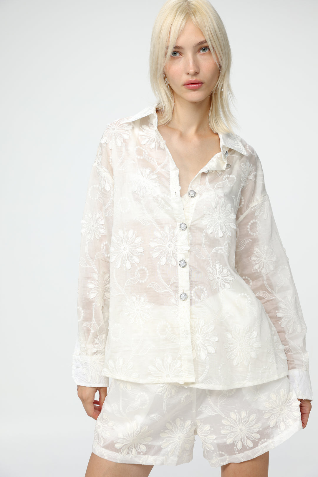 Cream Floral Embroidered Buttoned Shirt