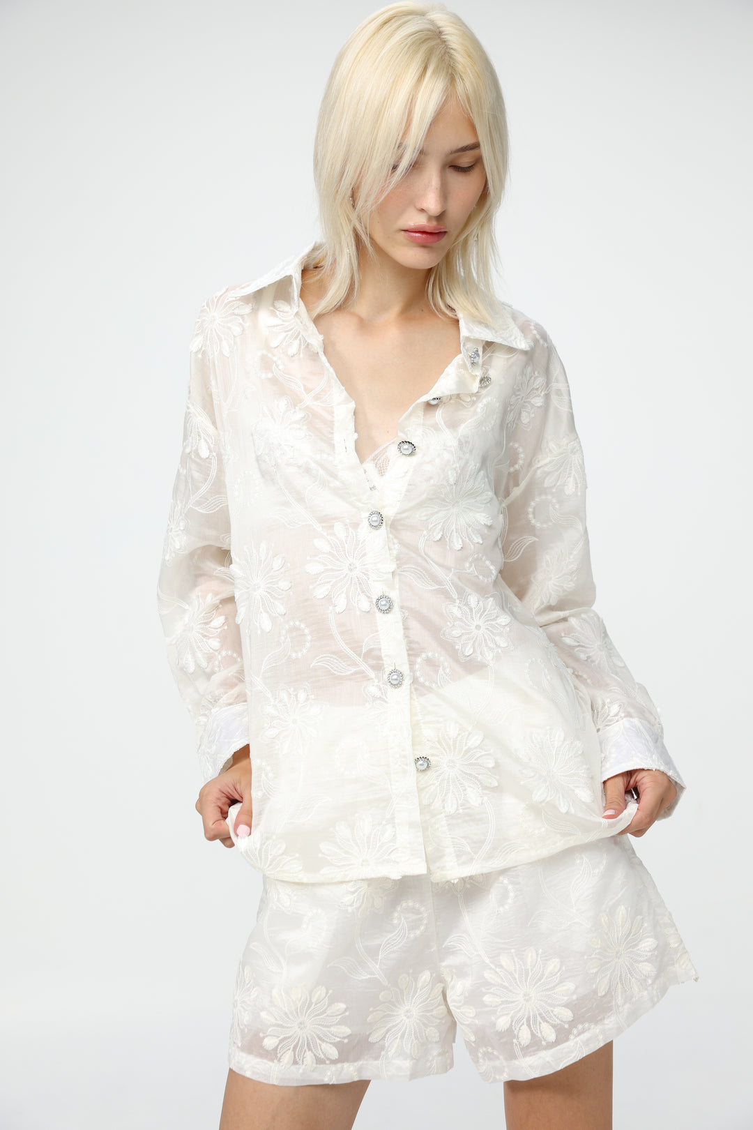 Cream Floral Embroidered Buttoned Shirt