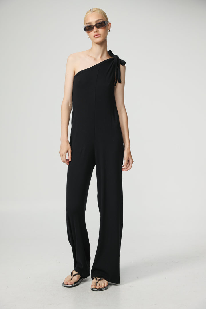 אוברול כתף אחת שחור עיצוב אסימטרי Tie Black One Shoulder Jumpsuit