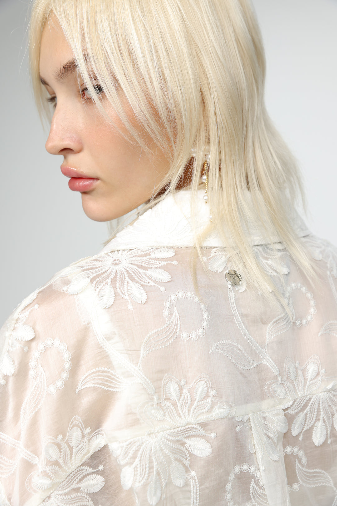 Cream Floral Embroidered Buttoned Shirt