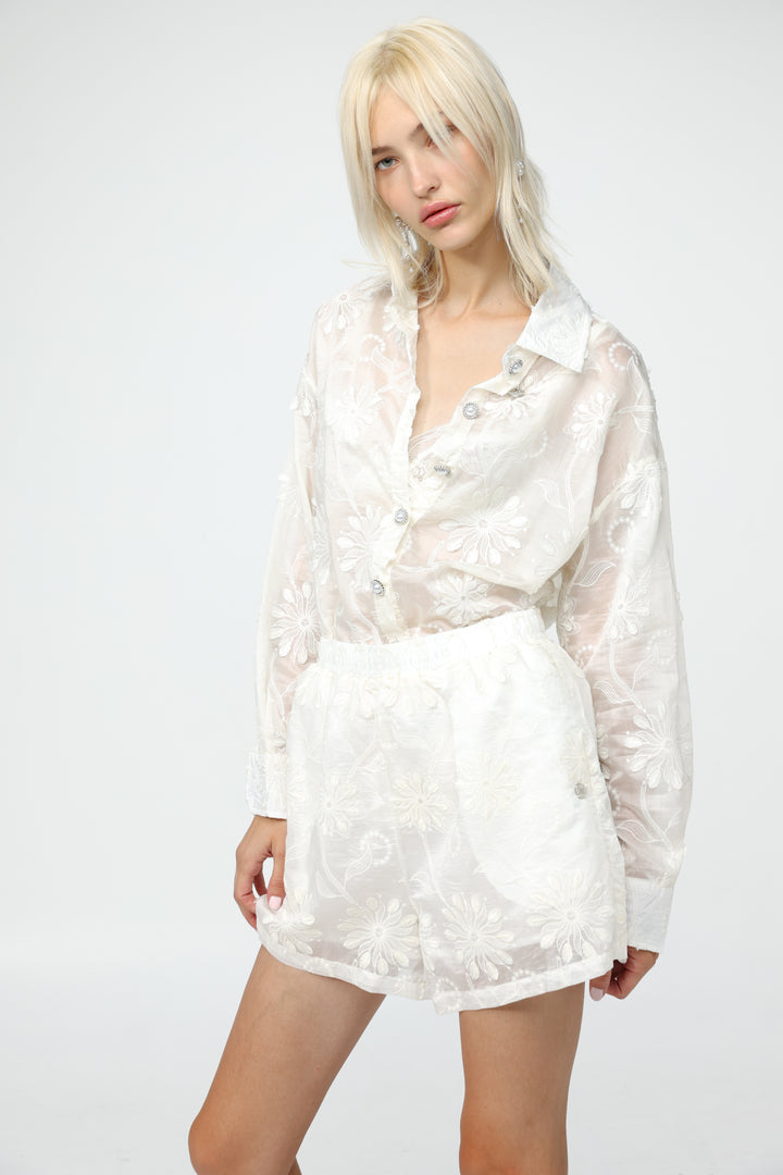 Cream Floral Embroidered Shorts