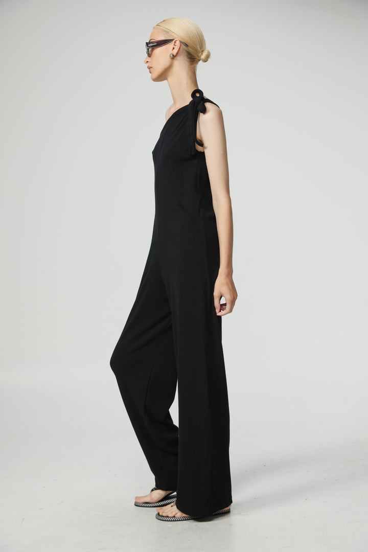 אוברול וואן שולדר שחור גזרה רחבה Tie Black One Shoulder Jumpsuit