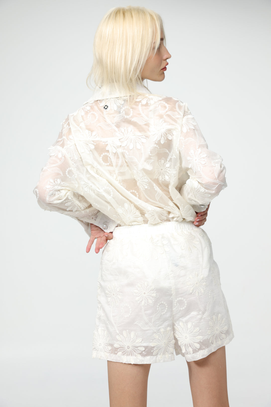Cream Floral Embroidered Shorts