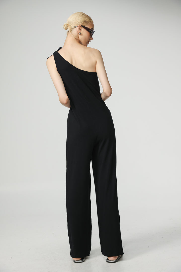 אוברול כתף אחת שחור גב Tie Black One Shoulder Jumpsuit