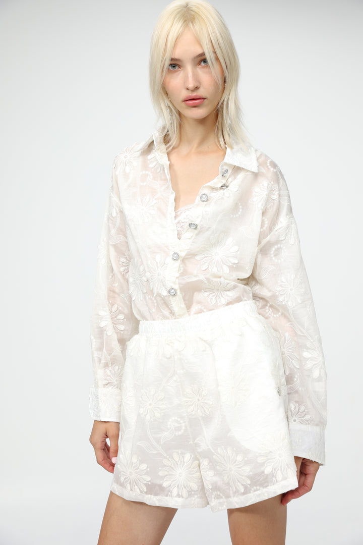 Cream Floral Embroidered Shorts