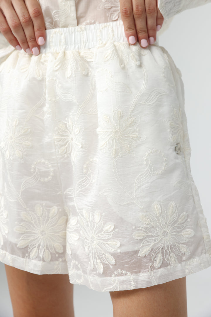 Cream Floral Embroidered Shorts