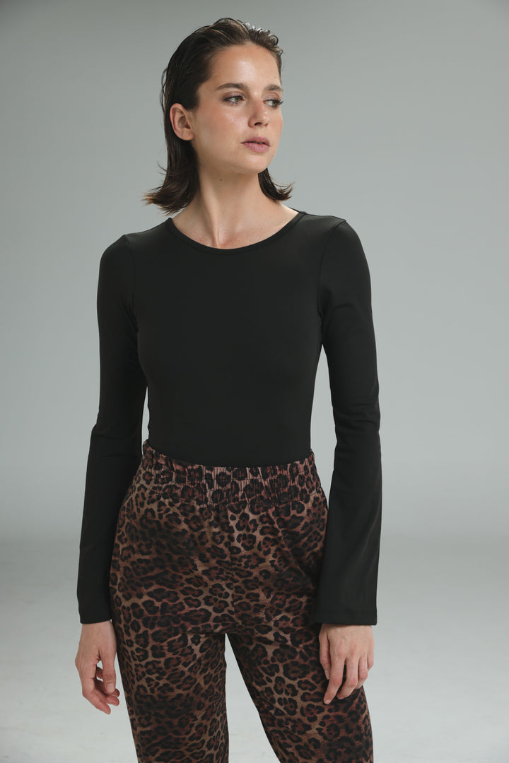 Black lycra open back bodysuit with long sleeves and rounded neckline shown from front view