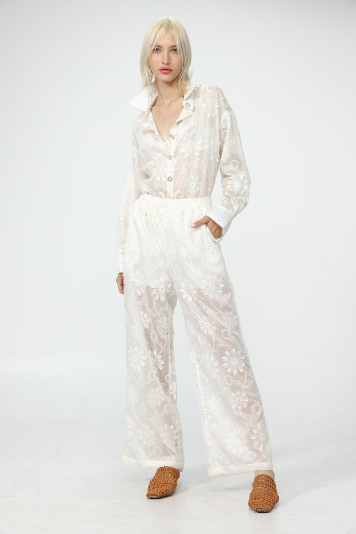 Cream Floral Embroidered Bottoms