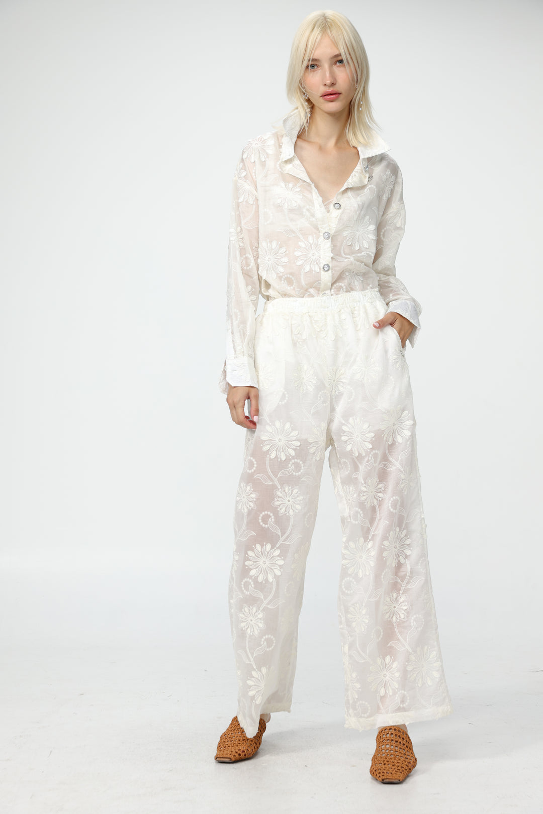 Cream Floral Embroidered Bottoms