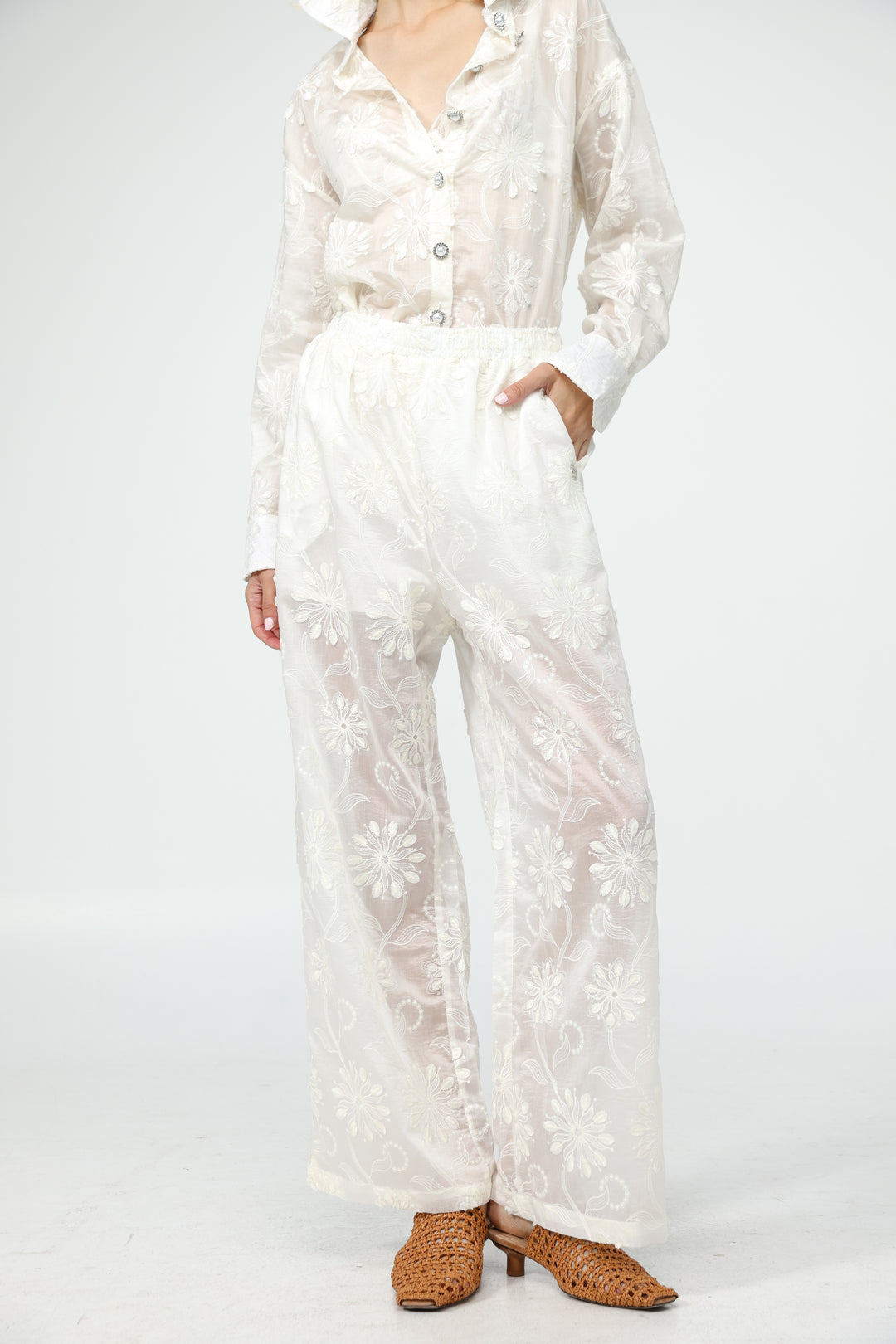 Cream Floral Embroidered Bottoms